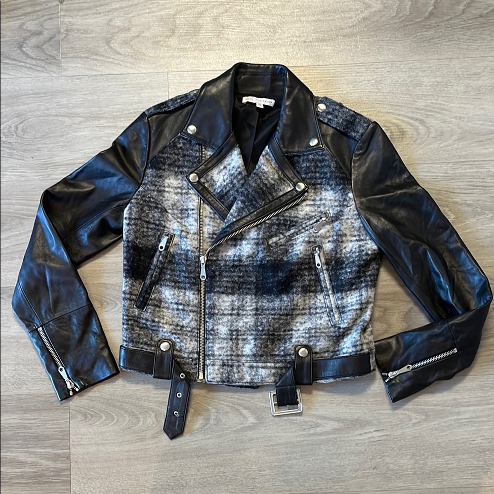 💎🔥Rebecca Minkoff Black and Gray plaid and Leather Biker Jacket
